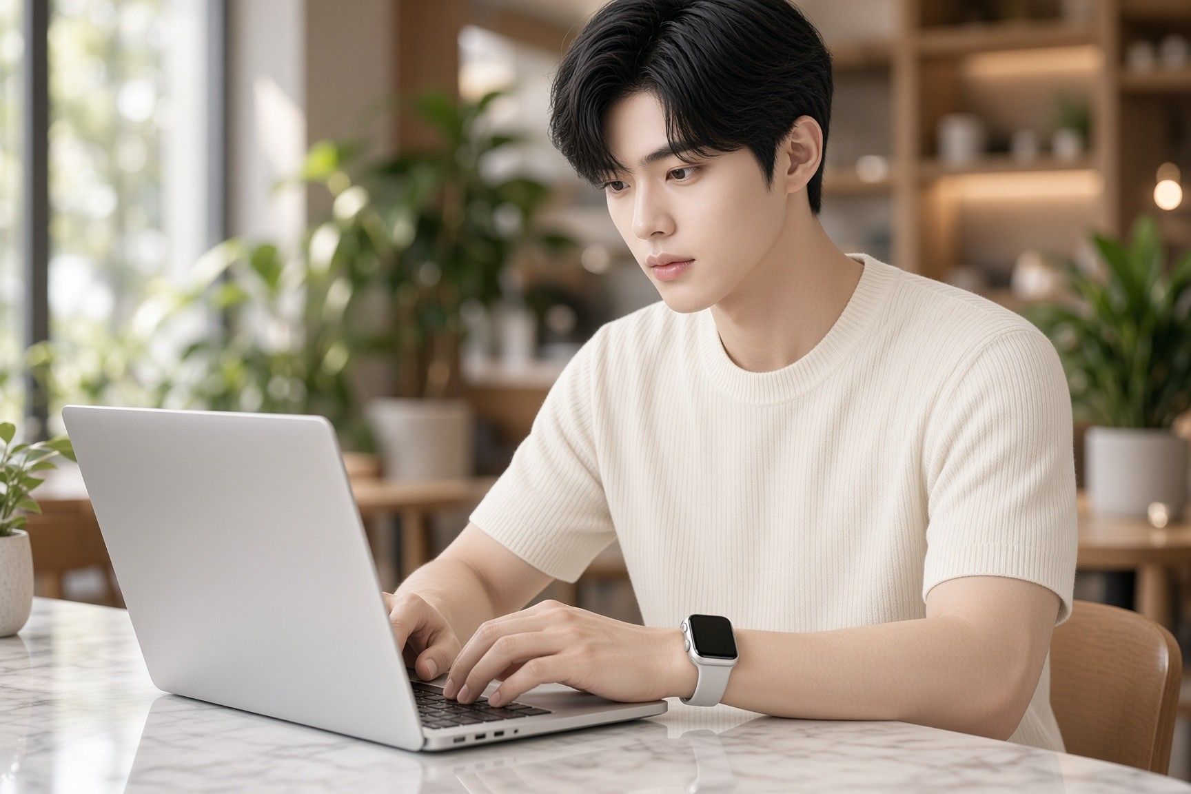 AI 생성 이미지: 카페에서 노트북으로 일하는 남성, 왼손목의 스마트워치