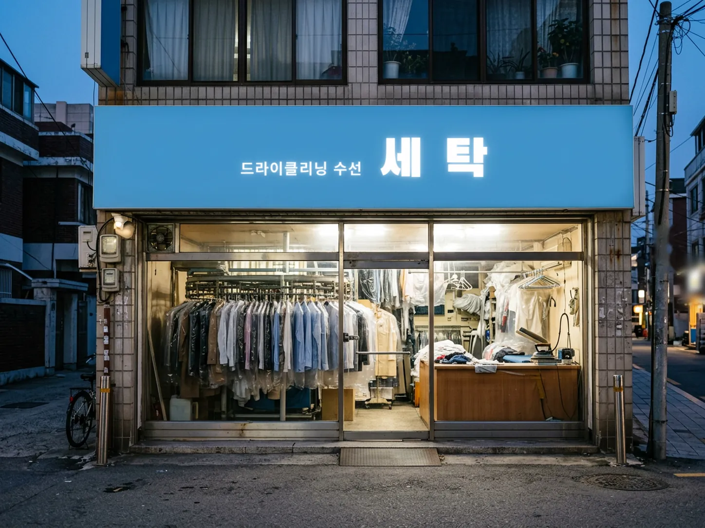 해 질 녘 하늘색 간판 아래 불 켜진 세탁소 유리문 안으로 비닐 씌운 옷이 줄지어 걸린 모습