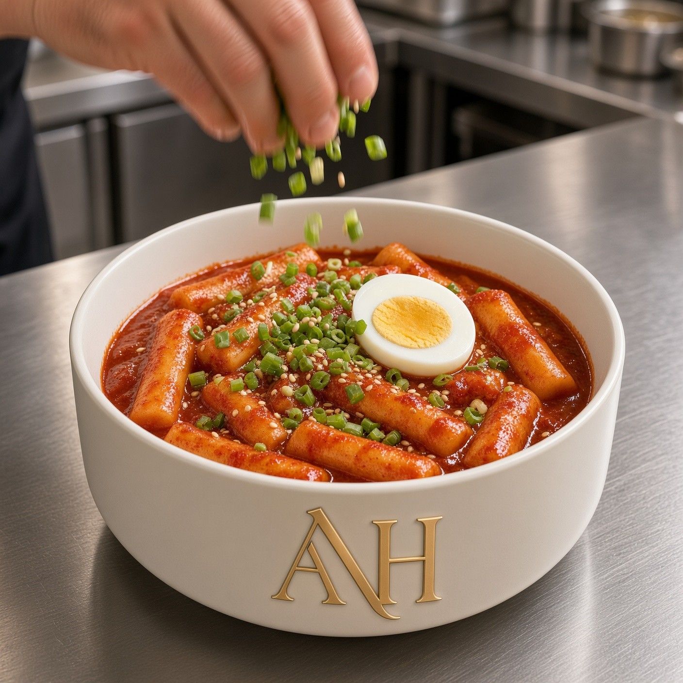 AH 그릇에 담긴 떡볶이 위로 대파를 뿌리는 손