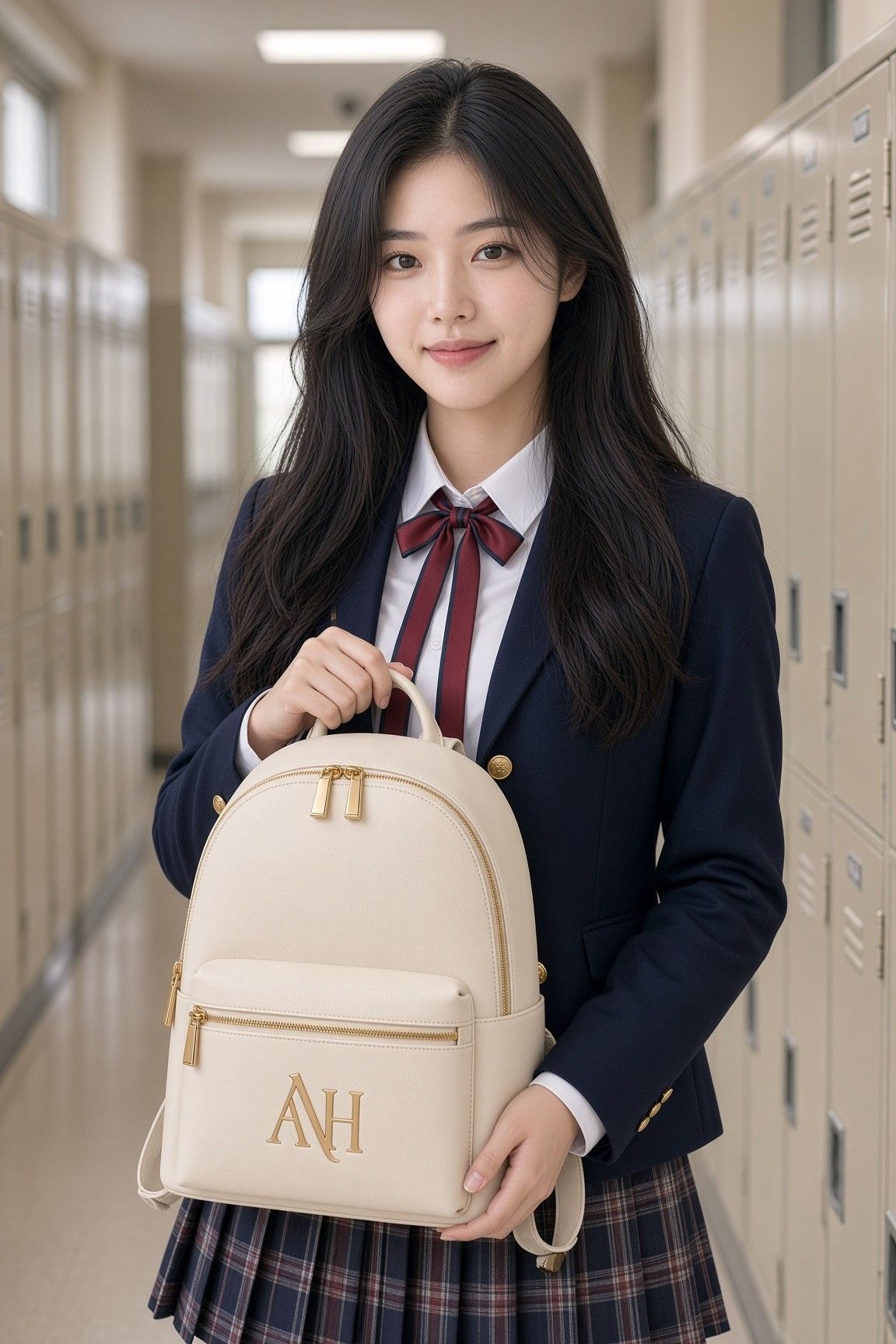 AI 생성 이미지: 사물함이 늘어선 학교 복도에서 미니 백팩을 두 손으로 든 교복 차림 여학생