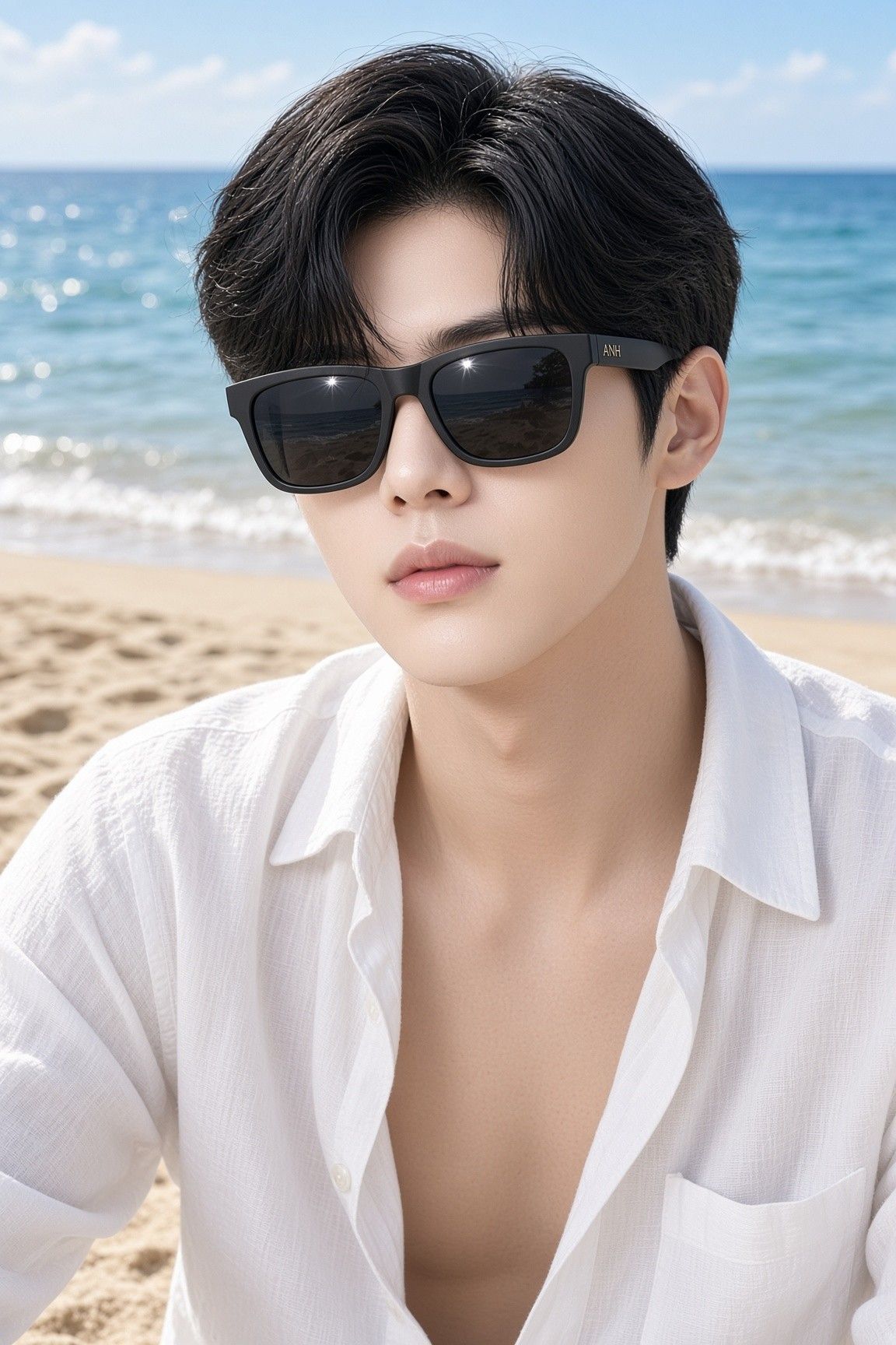 AI 생성 이미지: 흰 셔츠를 풀어 입은 남성이 해변을 배경으로 선 모습, 검은 선글라스