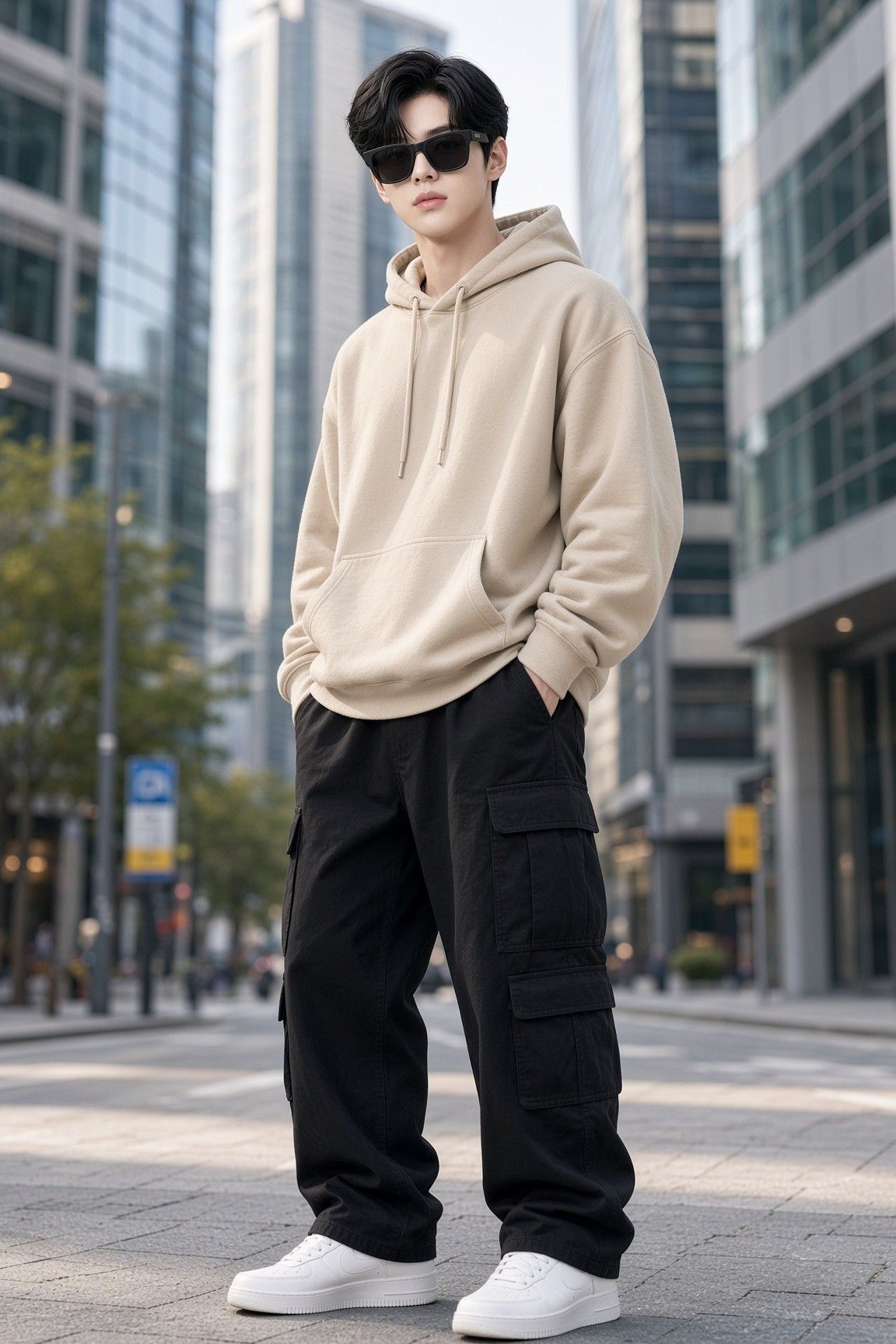 AI 생성 이미지: 베이지 후드와 검은 바지 차림의 남성이 빌딩 사이 보도에 선 모습, 매트 블랙 선글라스