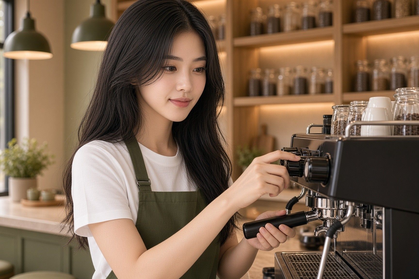 에스프레소 머신으로 커피를 추출하는 바리스타