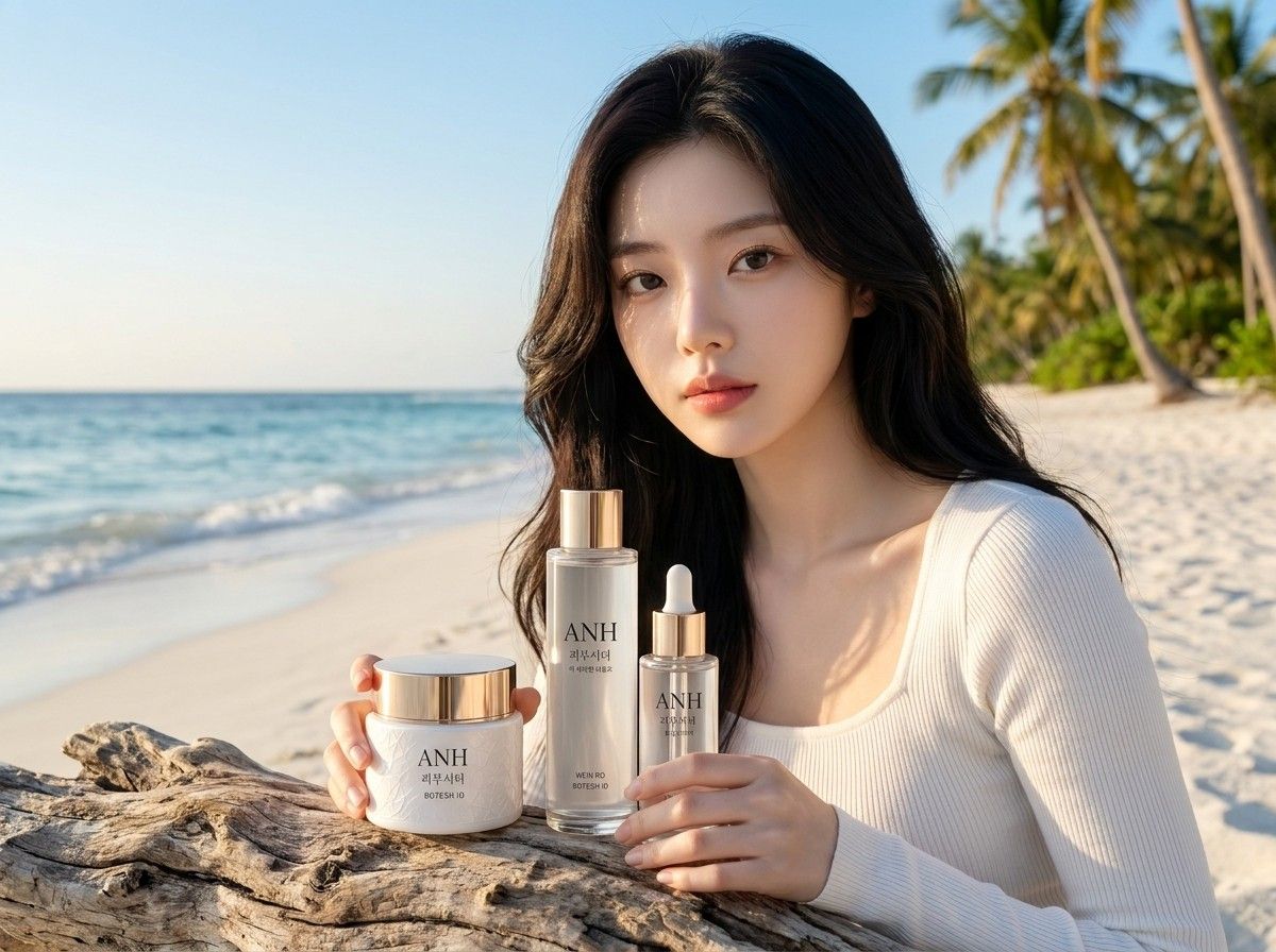 AI 생성 이미지: 바닷가 모래사장에 앉아 크림과 병을 든 여성