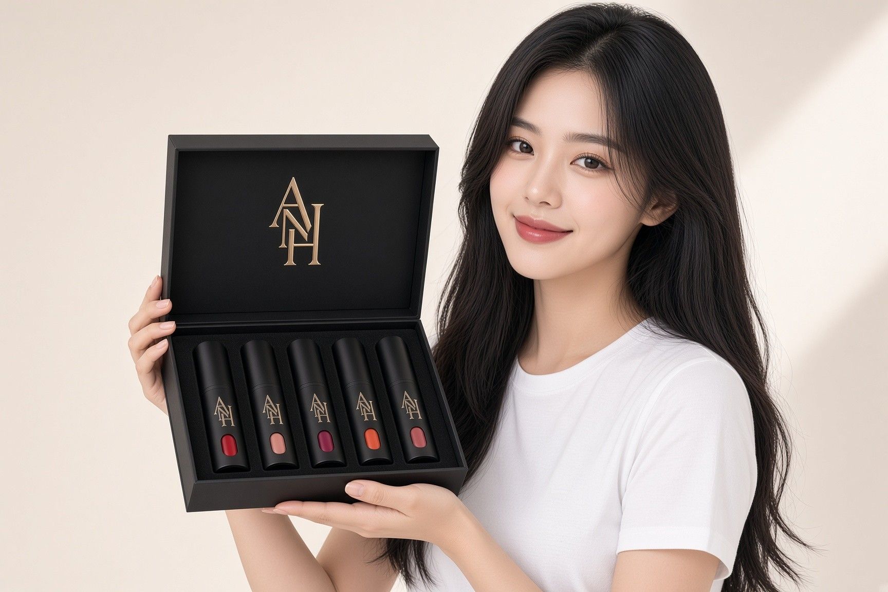 AI 생성 이미지: 흰 티셔츠 차림 여성이 열린 검은 선물 상자에 든 립스틱 다섯 개를 보여 주는 모습