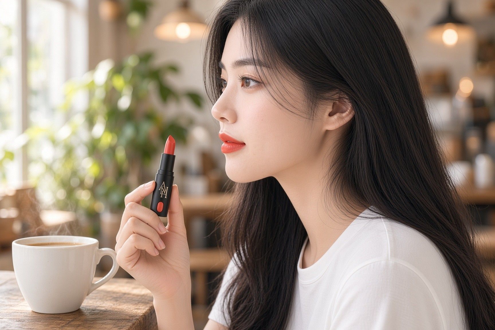AI 생성 이미지: 카페 창가에서 커피잔 옆에 앉아 립스틱을 든 여성