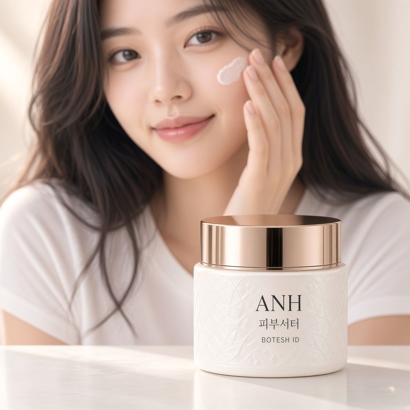 AI 생성 이미지: 흰 티셔츠 차림 여성이 볼에 크림을 바르며 웃는 모습, 앞에 크림 단지