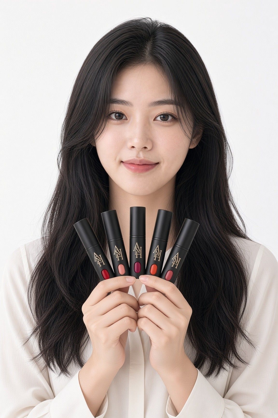 AI 생성 이미지: 립스틱 다섯 자루를 두 손으로 부채처럼 펼쳐 든 여성