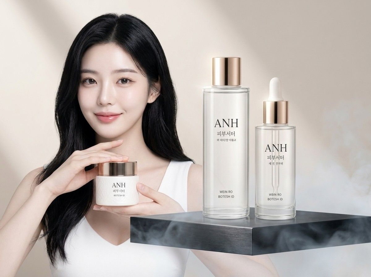 AI 생성 이미지: 크림 단지를 두 손으로 들고 웃는 여성, 옆에 토너와 세럼