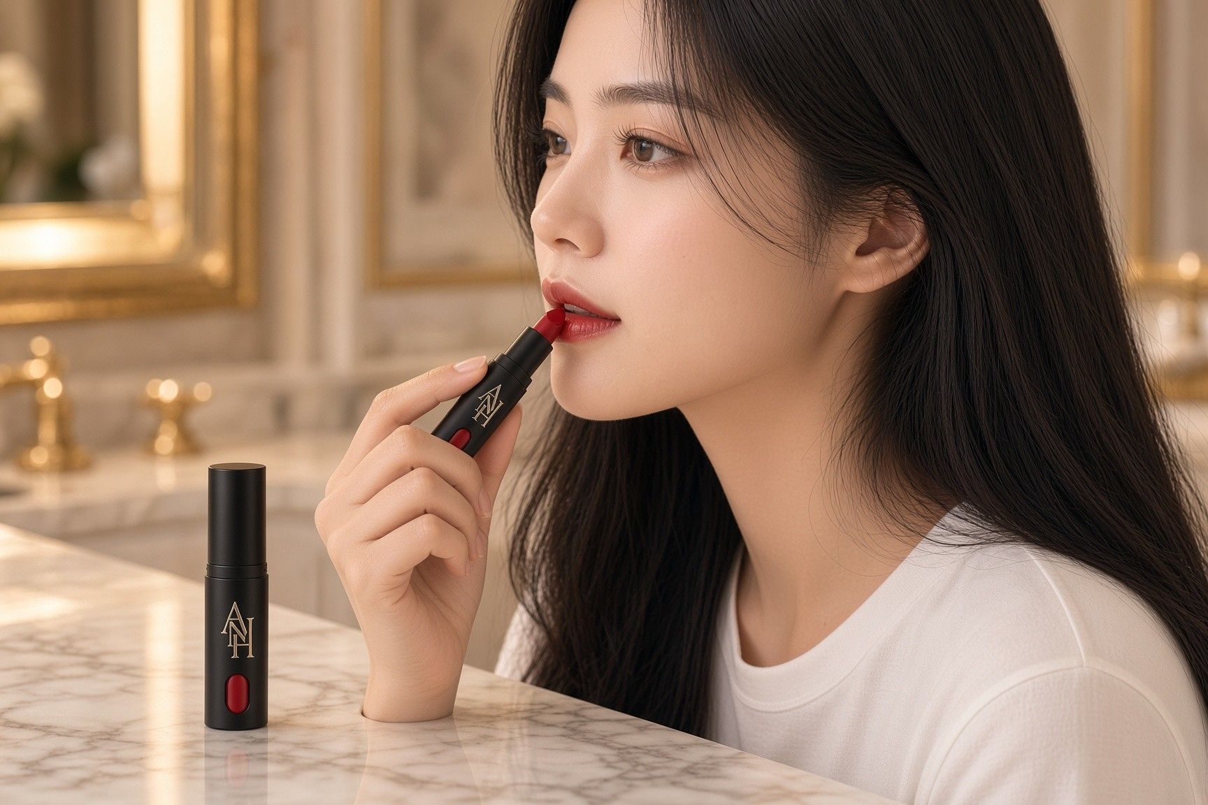 AI 생성 이미지: 대리석 화장대 거울 앞에서 립스틱을 바르는 여성의 옆모습