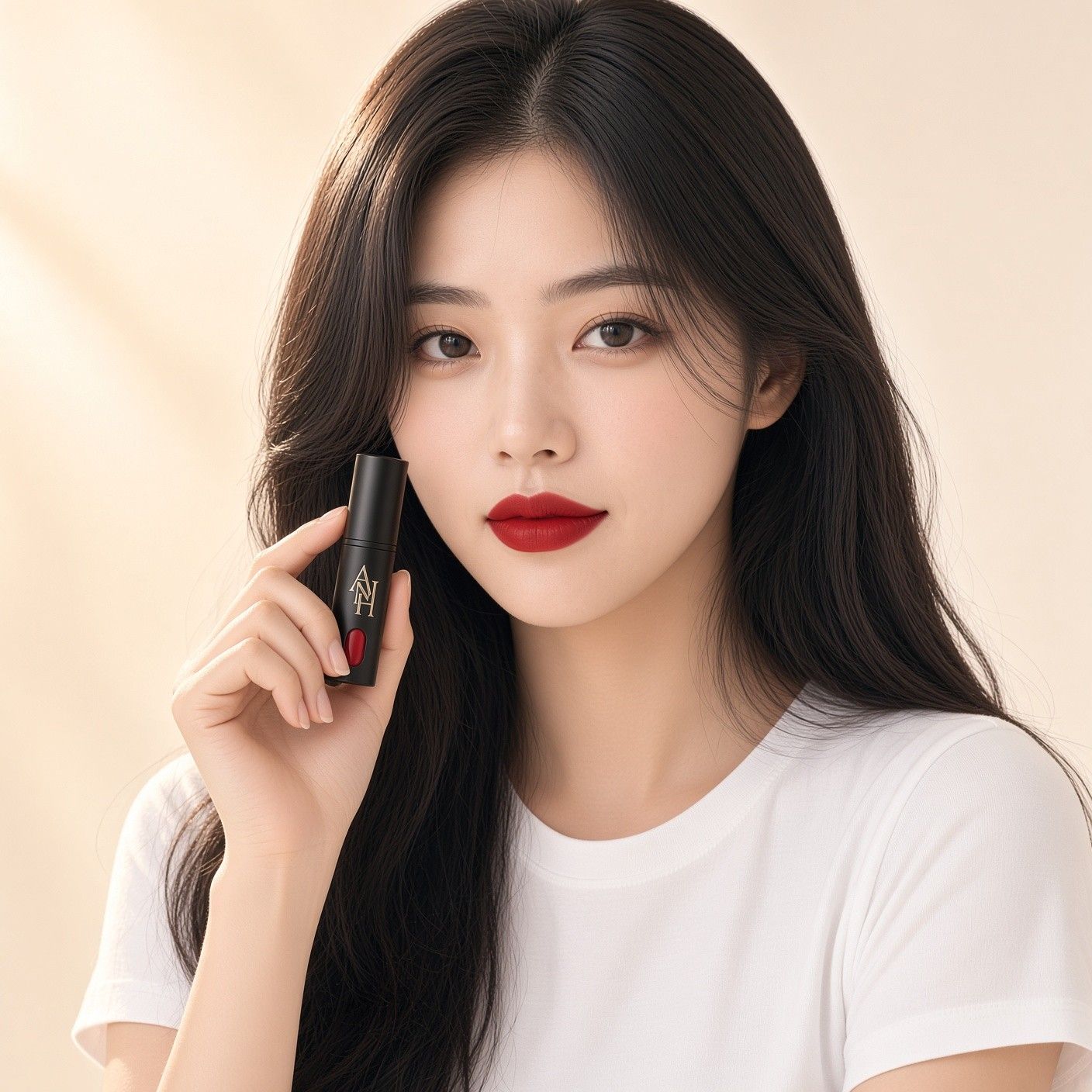 AI 생성 이미지: 흰 티셔츠 차림 여성이 붉은 립스틱을 바른 입술 옆에 검은 립스틱을 들고 있는 모습