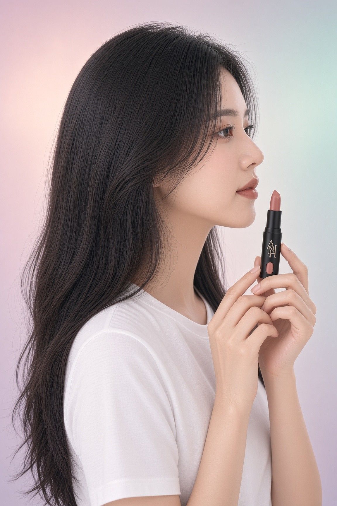 AI 생성 이미지: 옅은 빛 배경 앞에서 립스틱을 든 여성의 옆얼굴