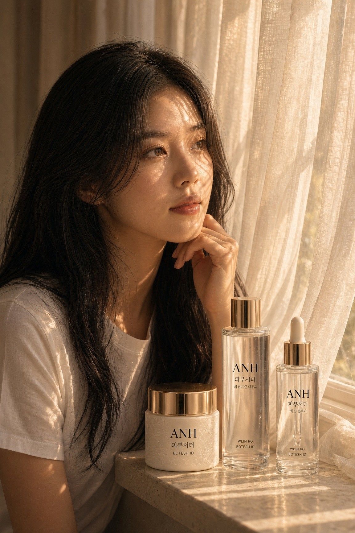 AI 생성 이미지: 햇빛 드는 창가에 턱을 괴고 앉은 여성 옆에 놓인 3종