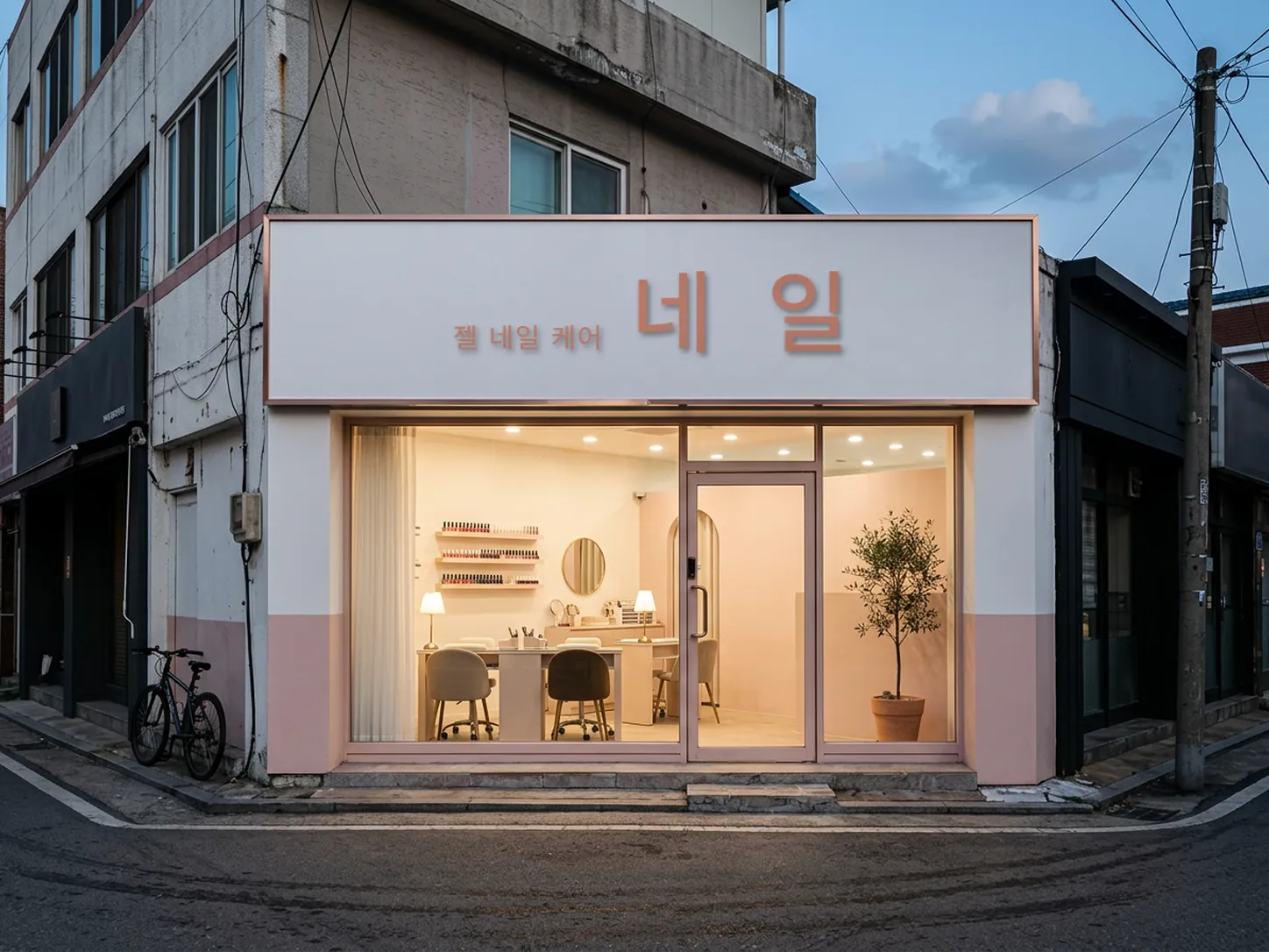 저녁 불이 켜진 골목 모퉁이의 네일샵 외관. 흰 간판과 분홍색 아래 벽, 큰 유리창 안으로 시술 테이블과 젤 선반이 보인다