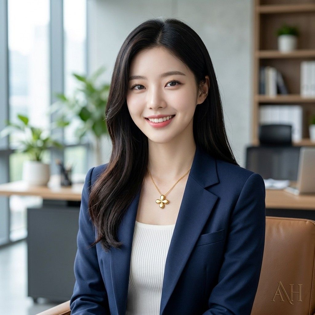 AI 생성 이미지: 사무실에서 네이비 블레이저와 흰 니트를 입고 웃는 여성, 꽃잎 펜던트 목걸이