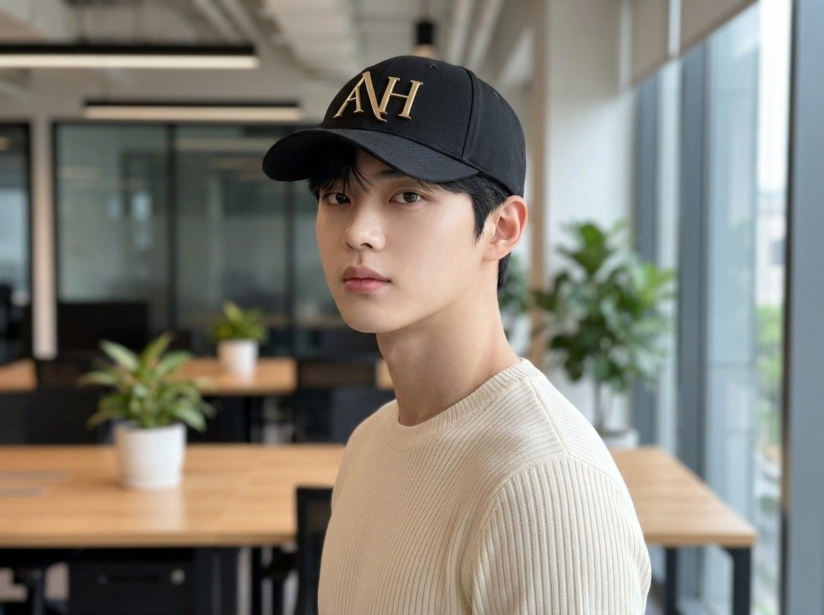 AI 생성 이미지: 창가 사무실에 선 남성, 검은 볼캡과 니트
