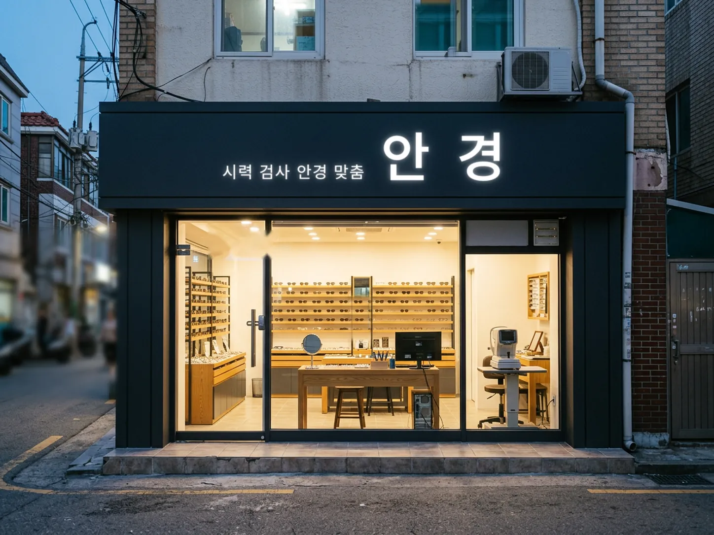 저녁 골목의 남색 간판 안경원 외관, 유리창 너머 조명 선반과 검사기가 보인다