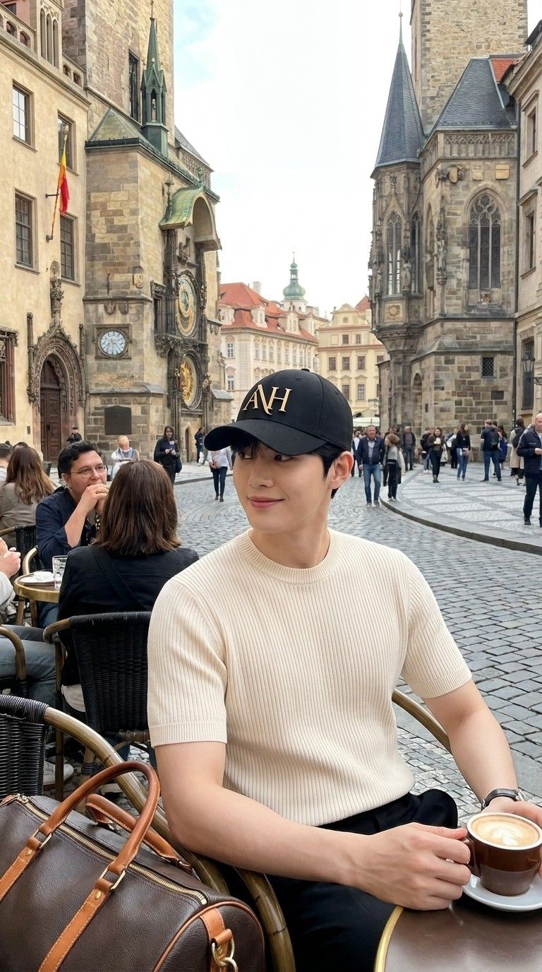 AI 생성 이미지: 돌길 광장 노천카페에 앉아 웃는 남성, 검은 볼캡과 아이보리 니트