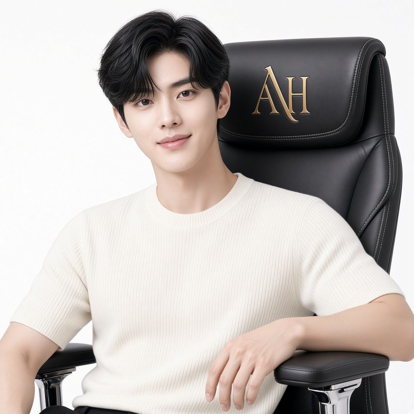 AI 생성 이미지: 흰 니트 차림 남성이 가죽 의자 팔걸이에 팔을 올리고 웃는 모습