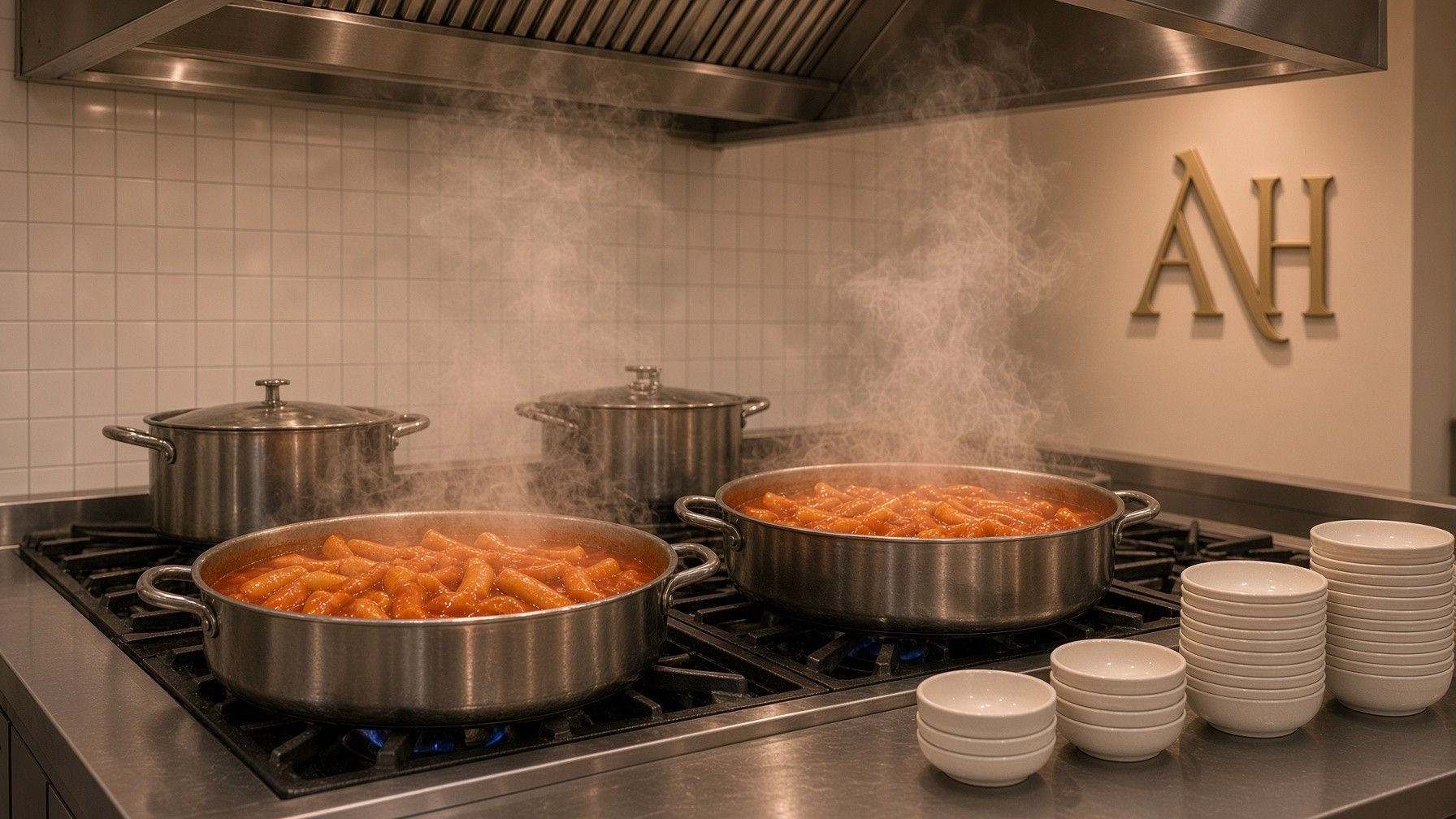 스테인리스 화구 위에서 끓고 있는 떡볶이 두 판