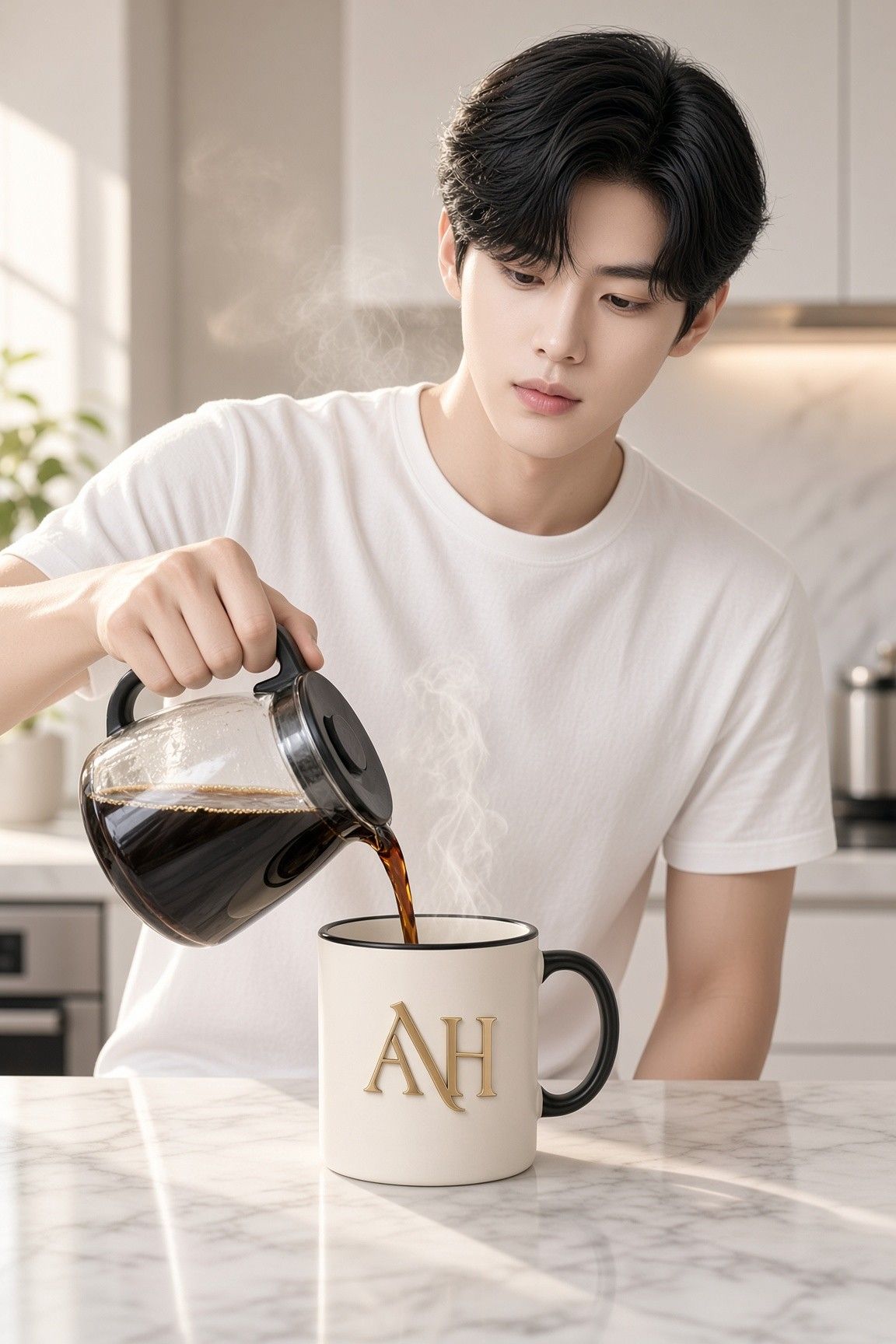 AI 생성 이미지: 흰 티셔츠 차림 남성이 유리 주전자로 머그에 커피를 따르는 모습