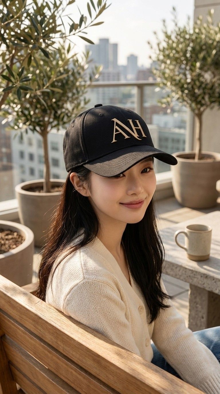 AI 생성 이미지: 올리브 화분이 놓인 옥상 정원 벤치에 앉은 여성, 검은 볼캡