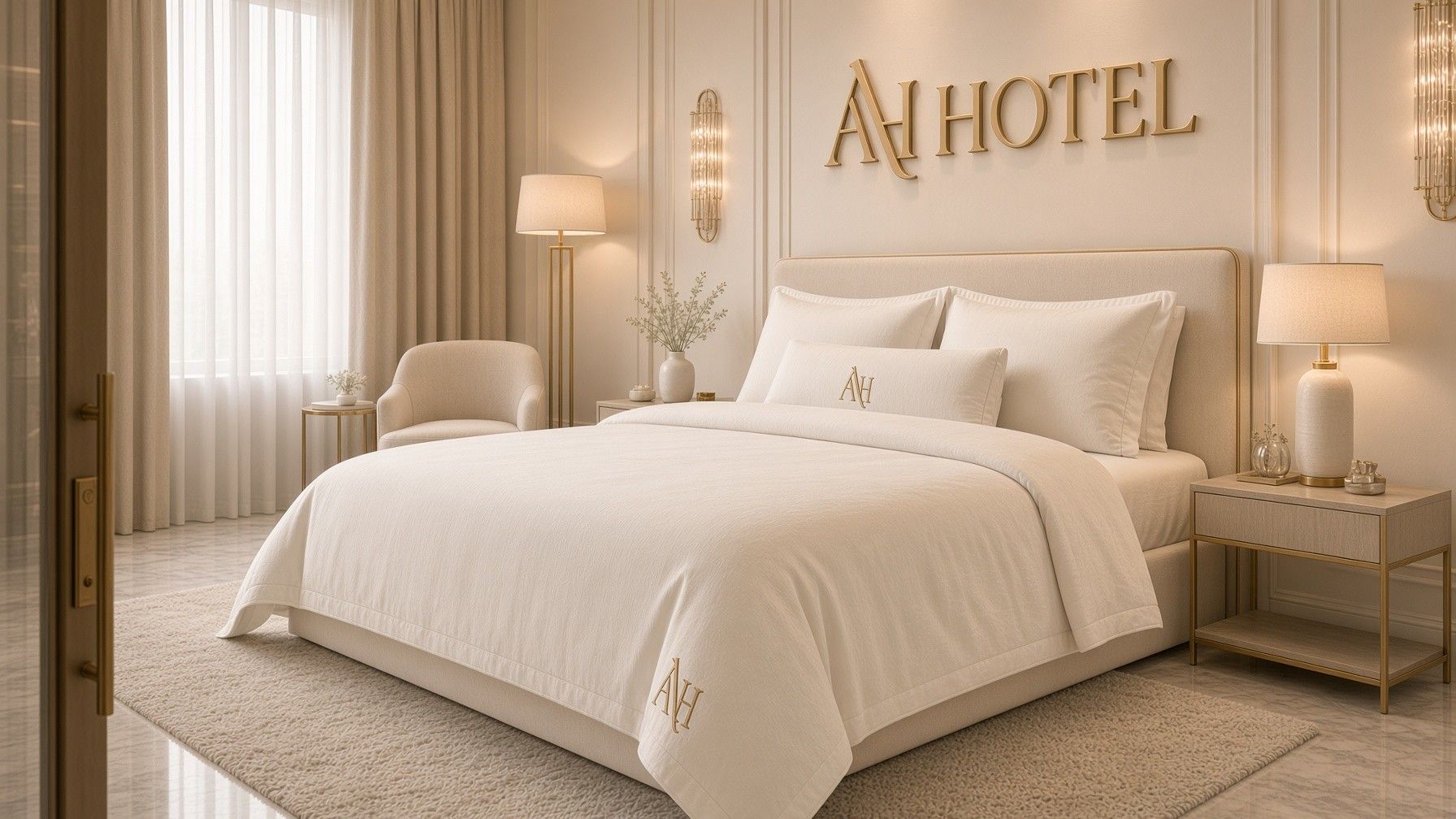 대리석 벽에 금색 AH HOTEL 글씨가 있는 디럭스 룸