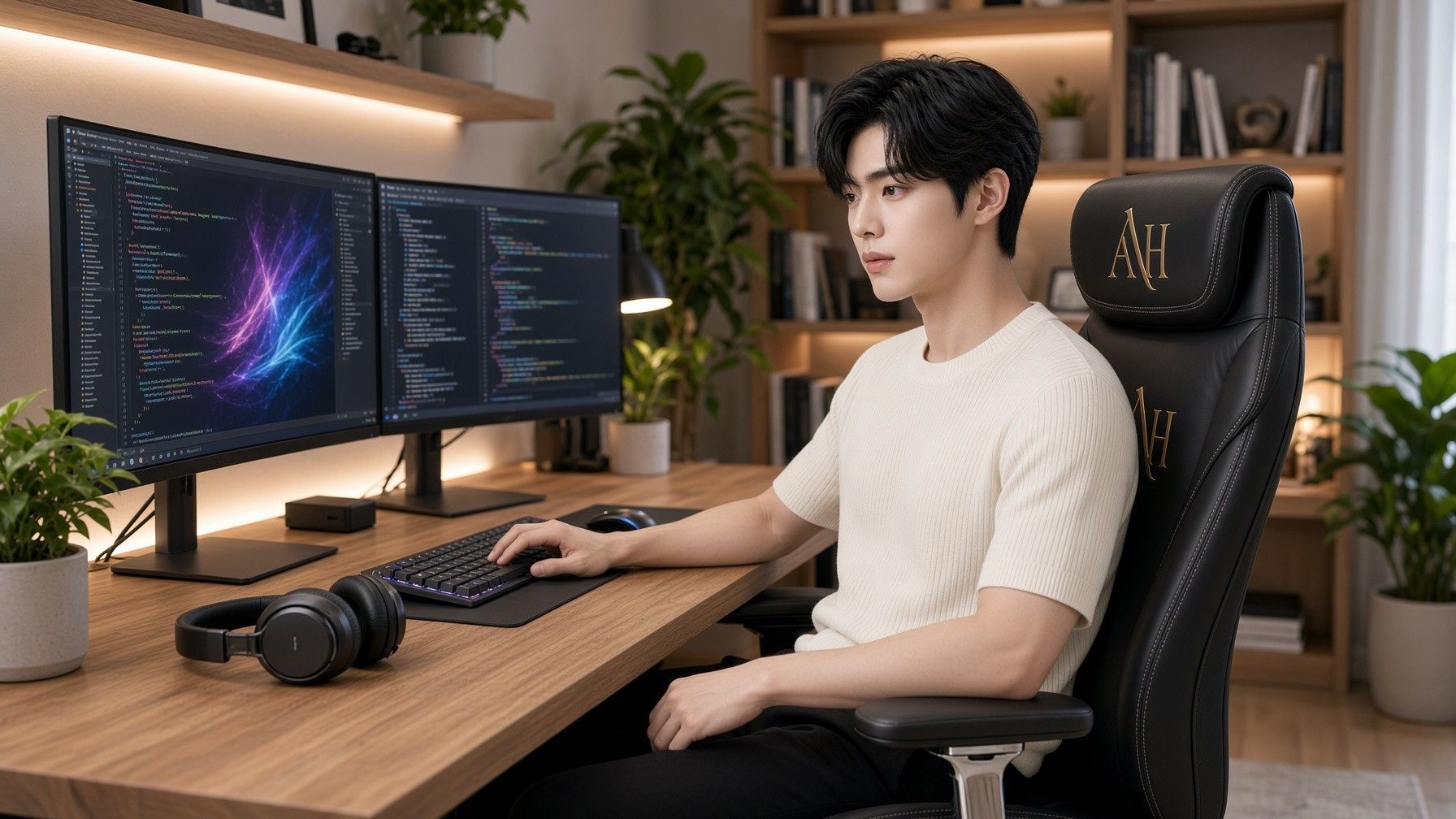 AI 생성 이미지: 모니터 두 대가 놓인 나무 책상에서 흰 니트 차림 남성이 키보드를 치는 모습
