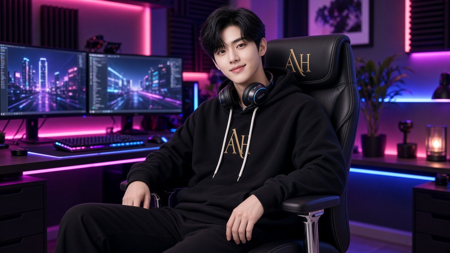 AI 생성 이미지: 분홍·파랑 조명의 게임방에서 검은 후드 차림 남성이 헤드폰을 걸고 앉은 모습