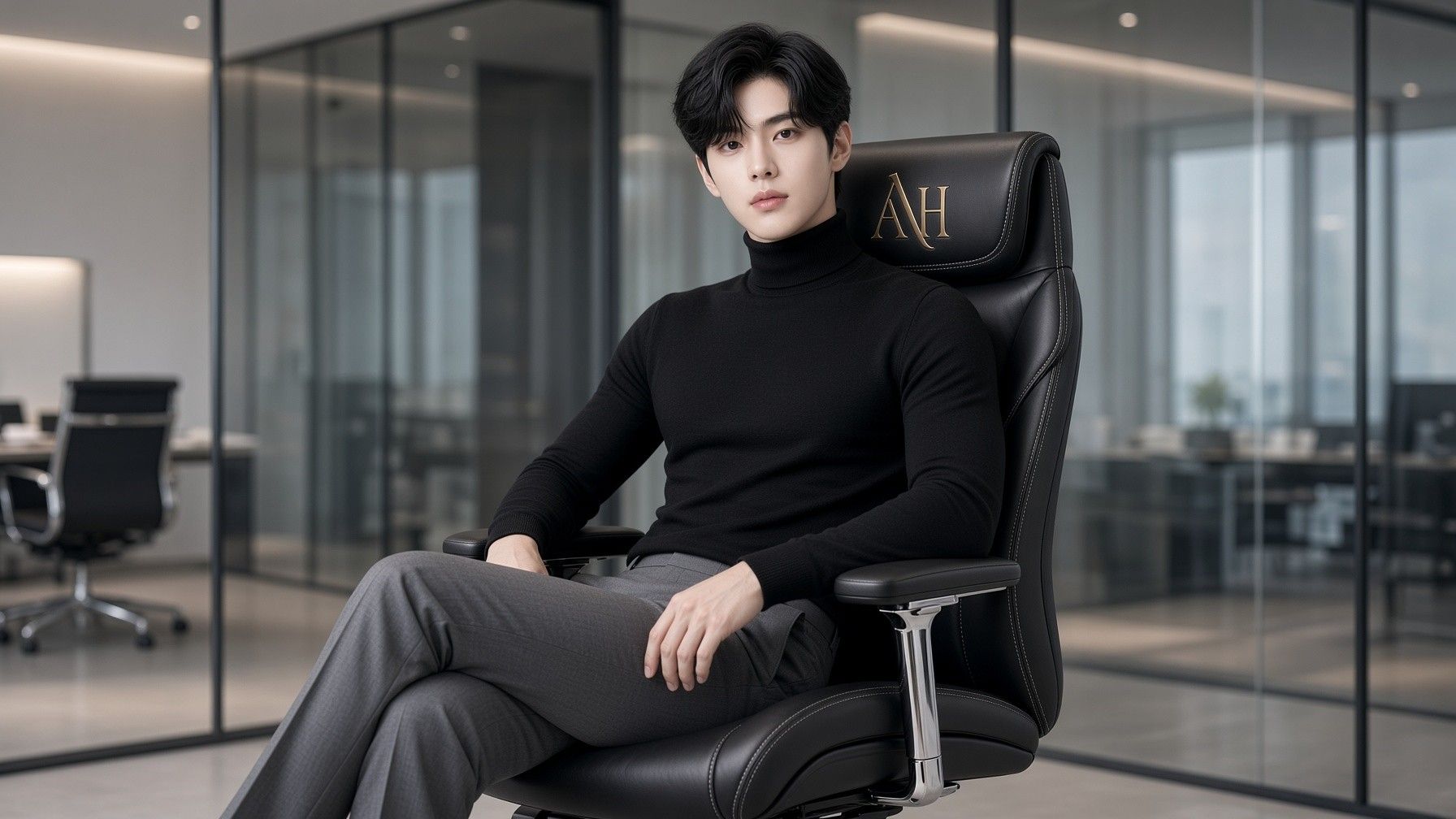 AI 생성 이미지: 유리 칸막이 사무실에서 검은 터틀넥 차림 남성이 다리를 꼬고 앉은 모습