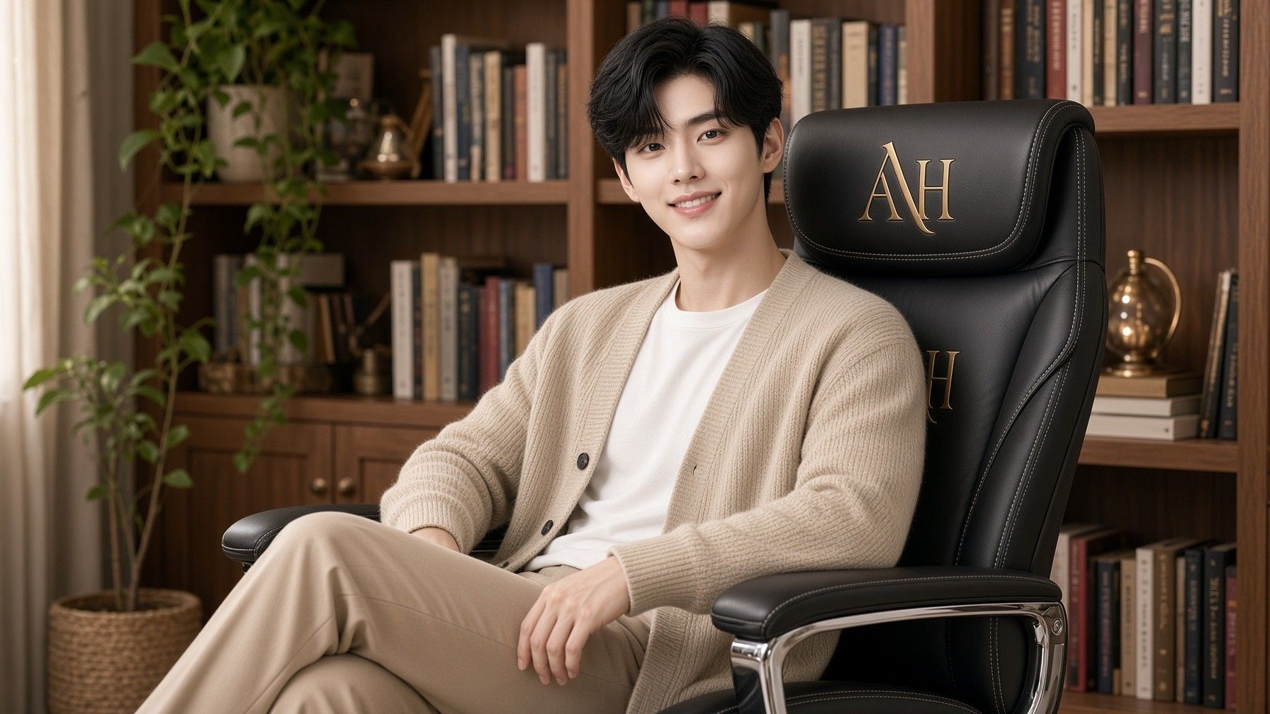 AI 생성 이미지: 나무 책장 앞에서 베이지 카디건 차림 남성이 의자에 기대 앉은 모습