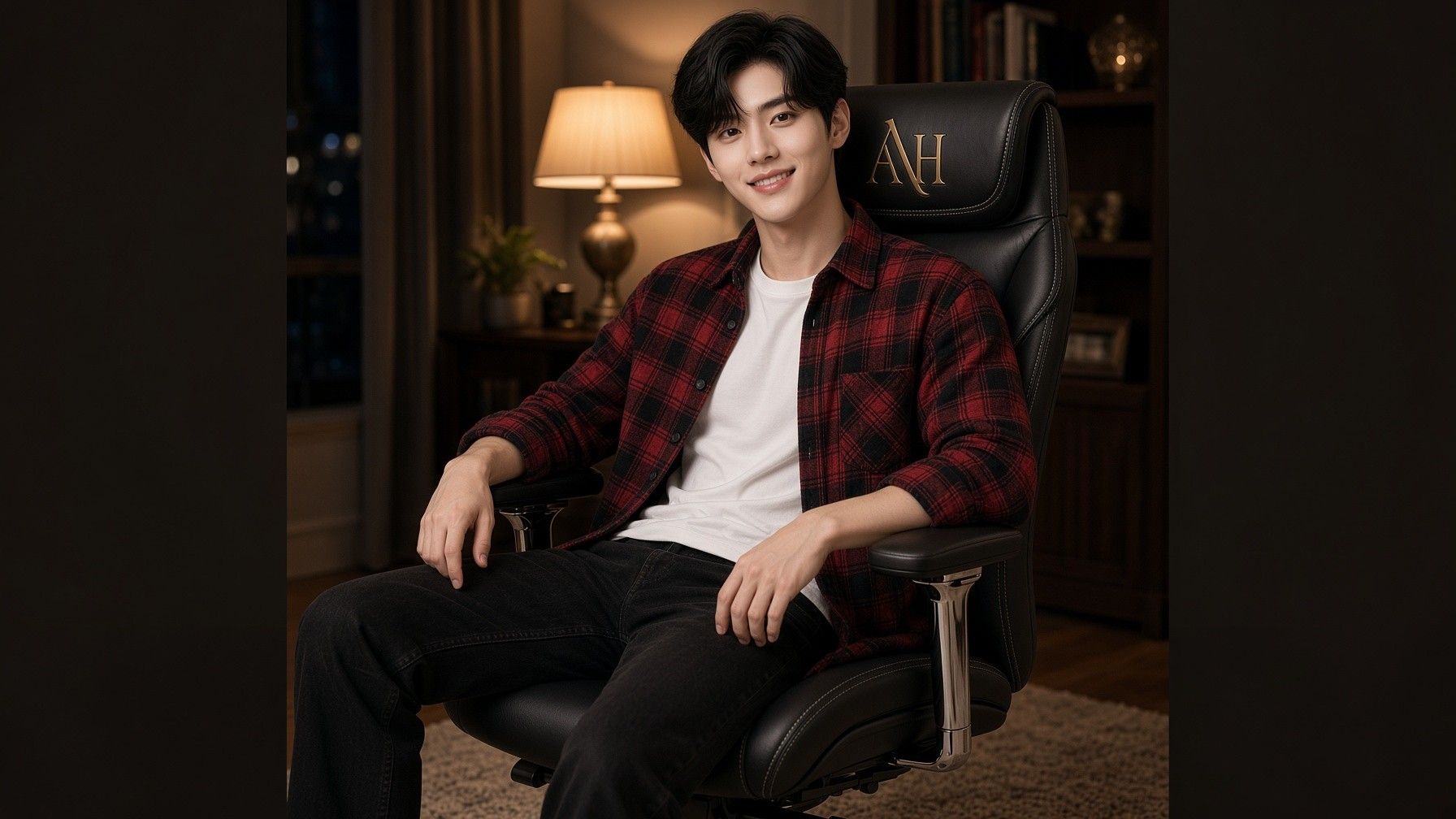 AI 생성 이미지: 스탠드 하나 켠 어두운 방에서 체크 셔츠 차림 남성이 웃으며 앉은 모습