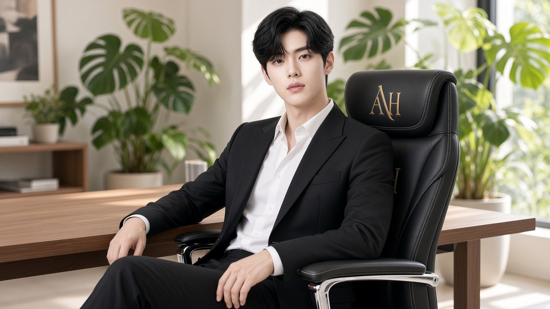 AI 생성 이미지: 큰 잎 식물들 사이 나무 책상 앞 검은 정장 차림 남성