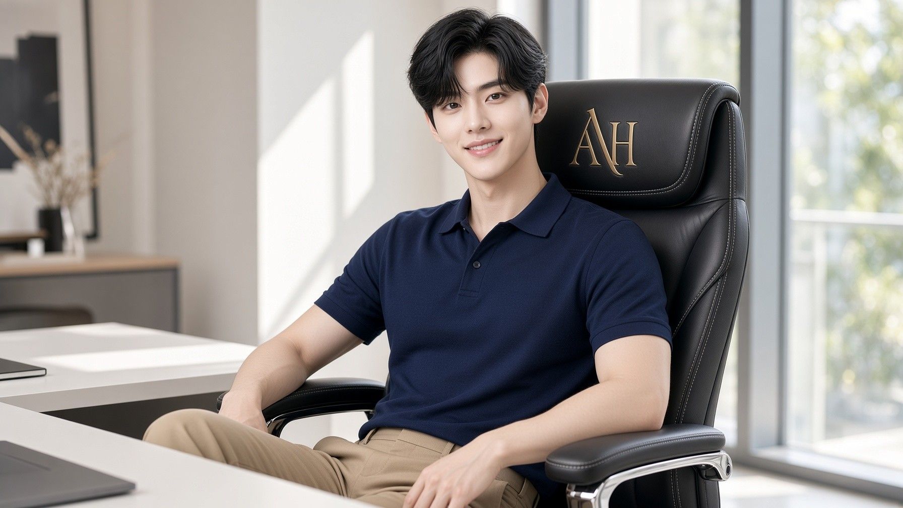 AI 생성 이미지: 햇빛 드는 창가 책상 앞 남색 셔츠 차림 남성이 웃으며 앉은 모습