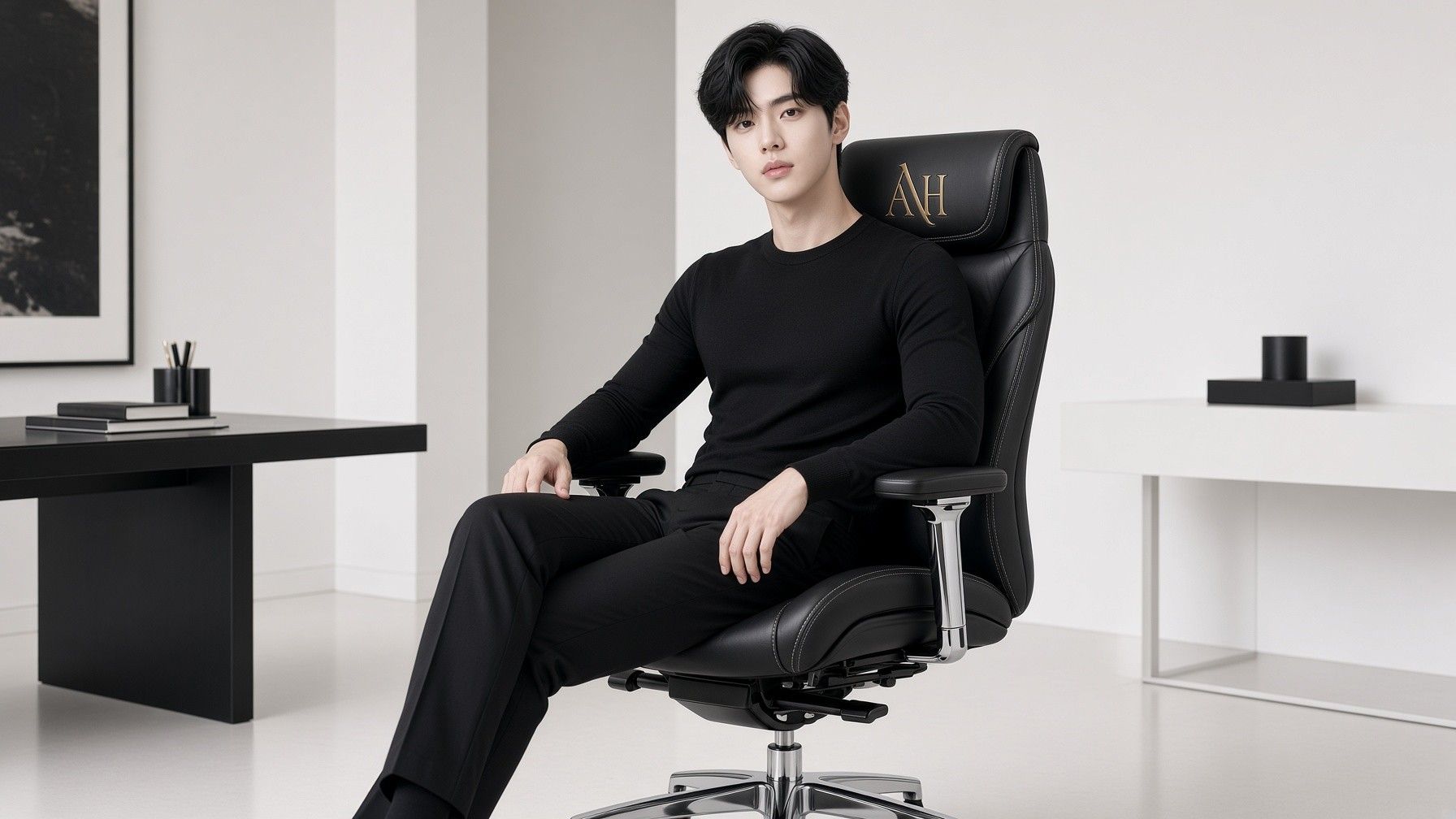AI 생성 이미지: 흰 벽 방에서 검은 옷차림 남성이 의자에 비스듬히 앉은 모습