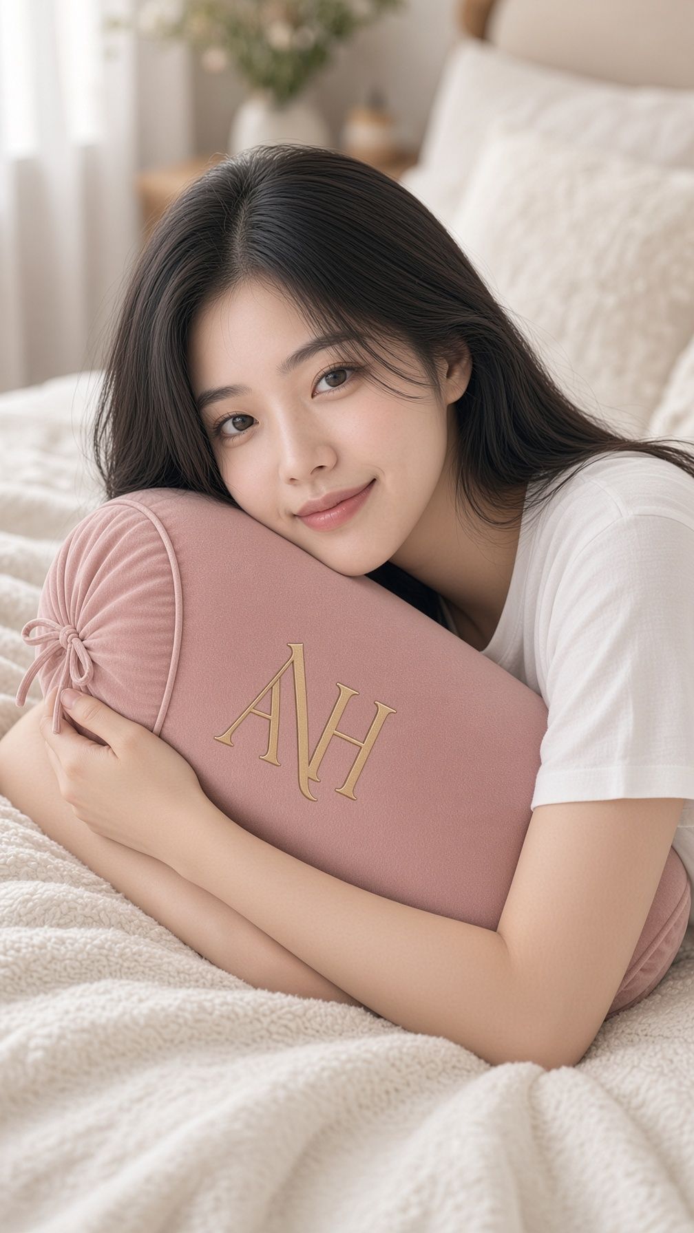 AI 생성 이미지: 침대에서 로즈 쿠션을 끌어안은 여성