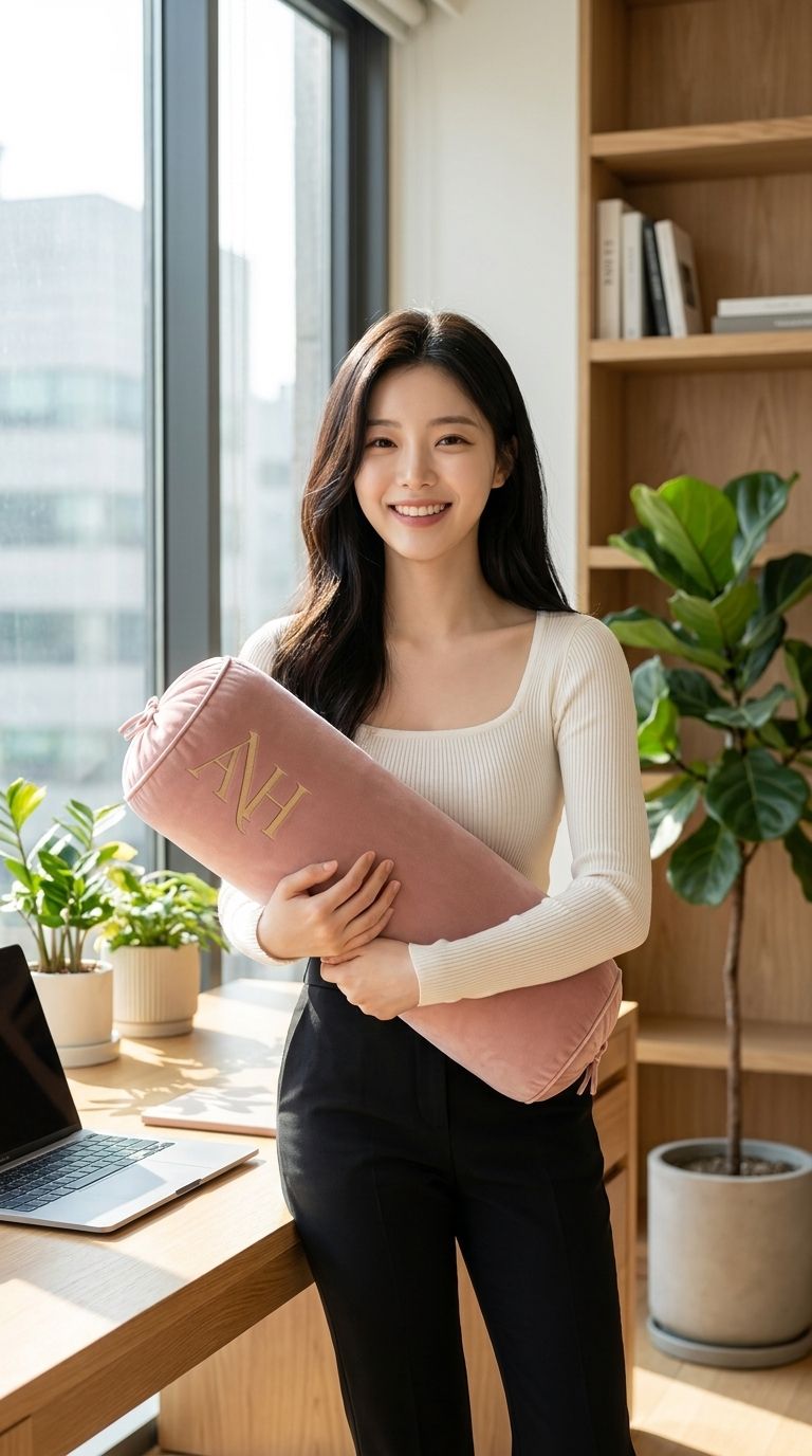 AI 생성 이미지: 사무실 창가에서 로즈 쿠션을 안고 웃는 여성