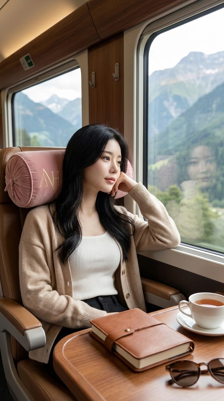 AI 생성 이미지: 기차 창가 좌석에서 로즈 쿠션을 옆에 둔 여성