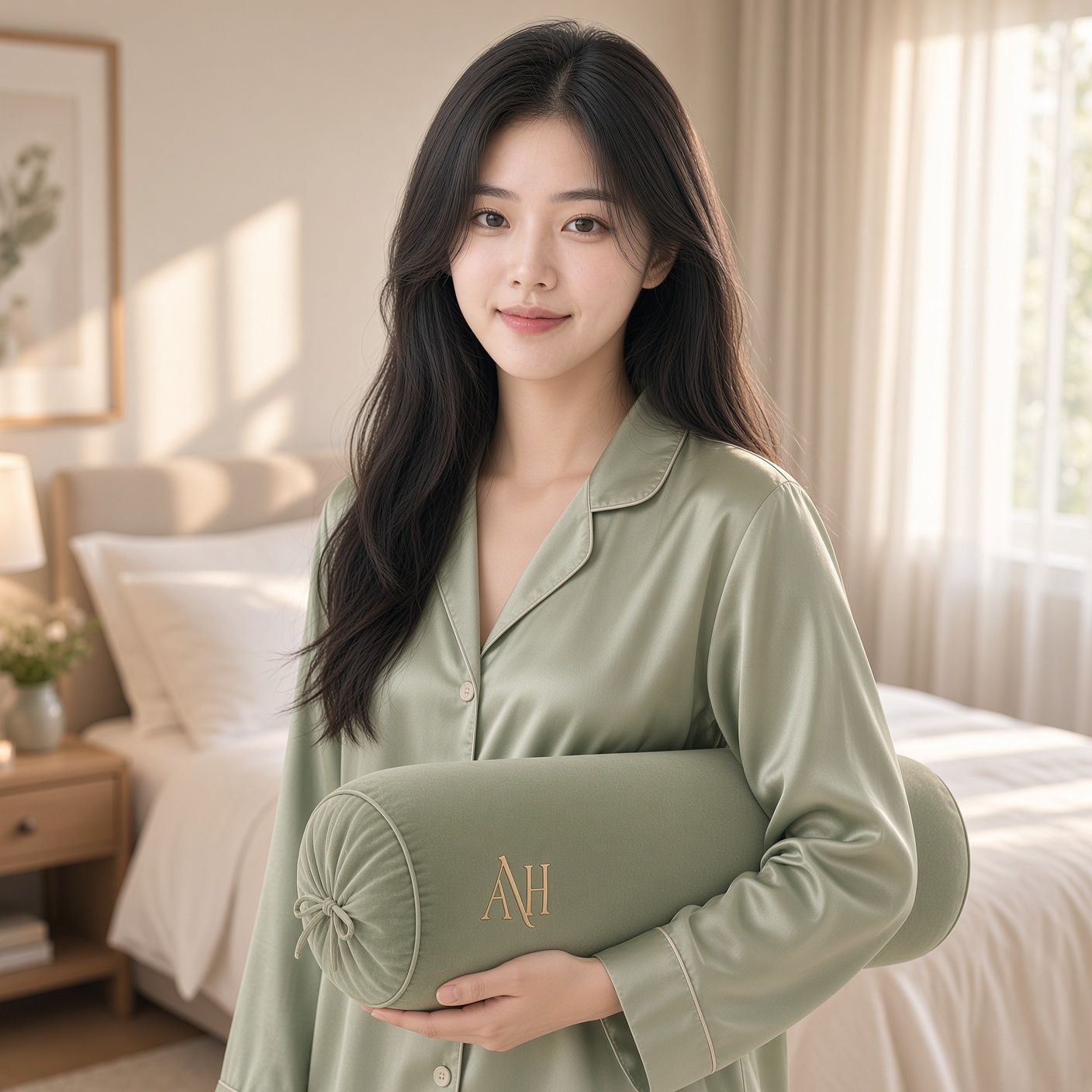 AI 생성 이미지: 세이지 잠옷 차림 여성이 세이지 쿠션을 옆구리에 낀 모습