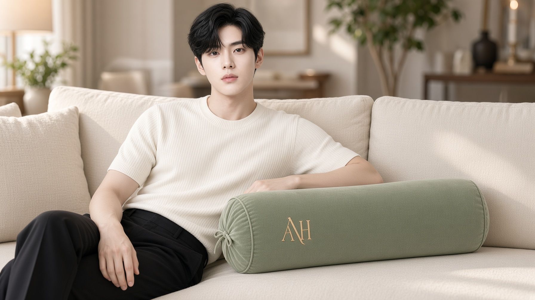 AI 생성 이미지: 베이지 소파에 기대 앉은 남성 옆 세이지 쿠션