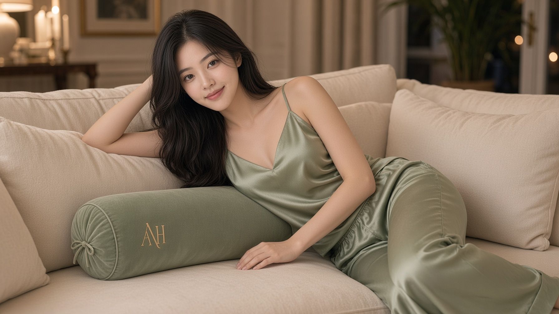AI 생성 이미지: 세이지 원피스 차림 여성이 소파에 누워 세이지 쿠션에 기댄 모습