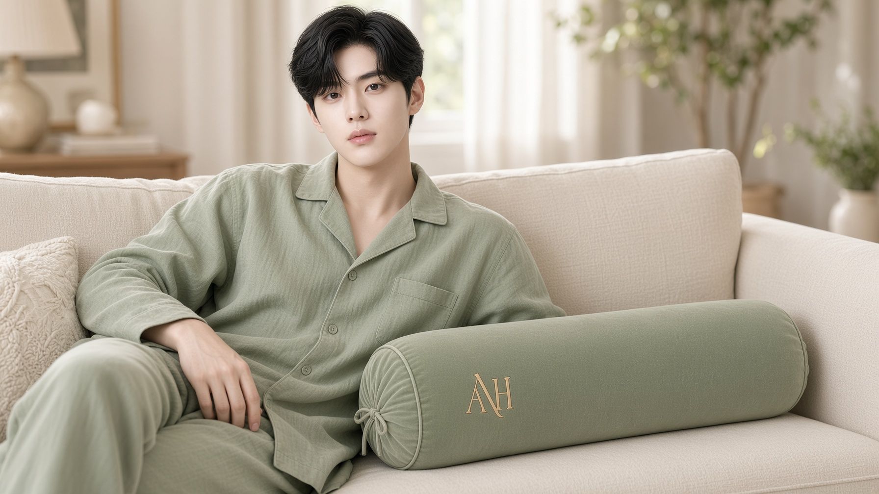 AI 생성 이미지: 세이지 잠옷 차림 남성이 소파에 기대 앉아 세이지 쿠션에 팔을 올린 모습