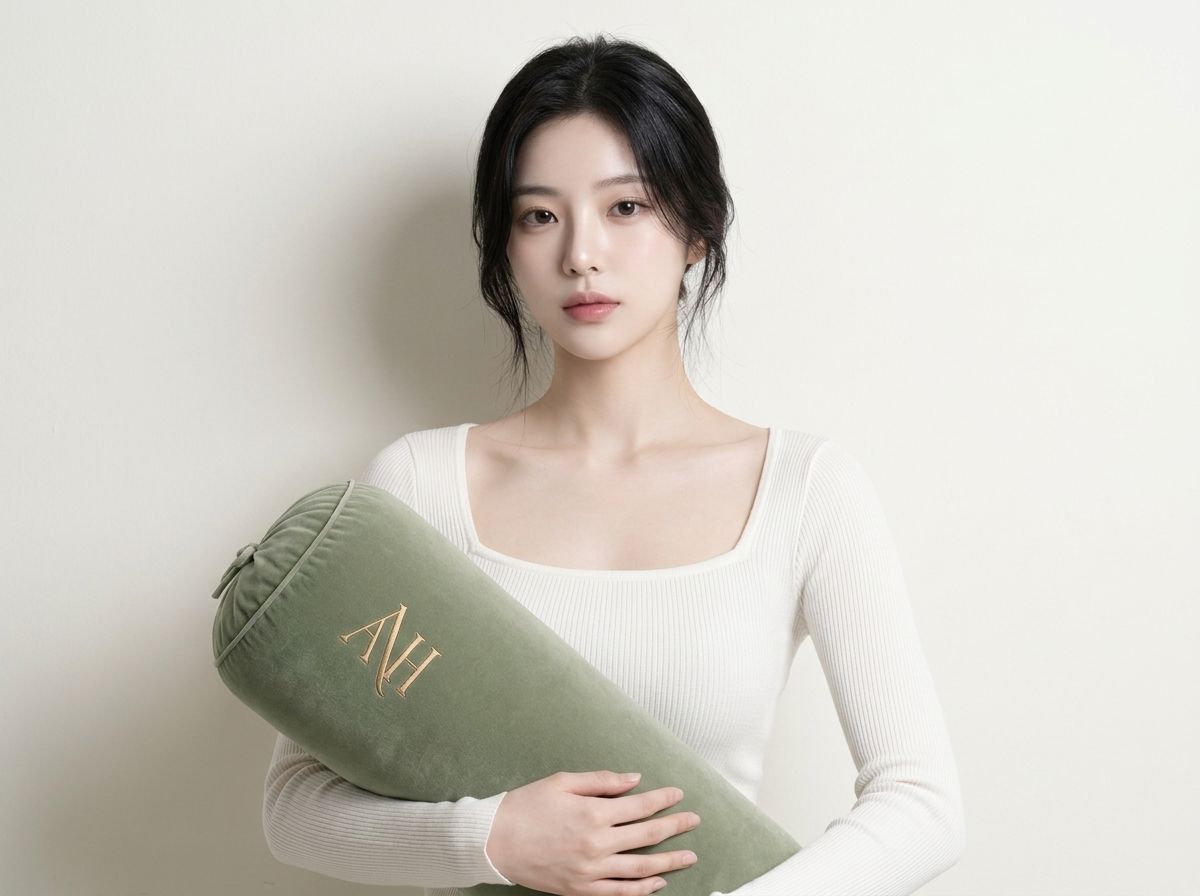 AI 생성 이미지: 흰 상의 차림 여성이 세이지 쿠션을 두 팔로 안은 모습