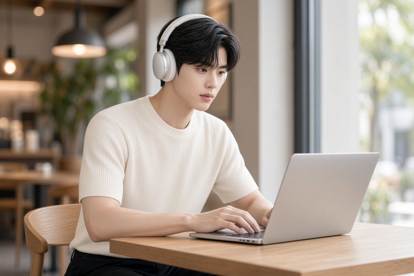 AI 생성 이미지: 카페 창가에서 노트북을 쓰는 남성, 흰 헤드폰