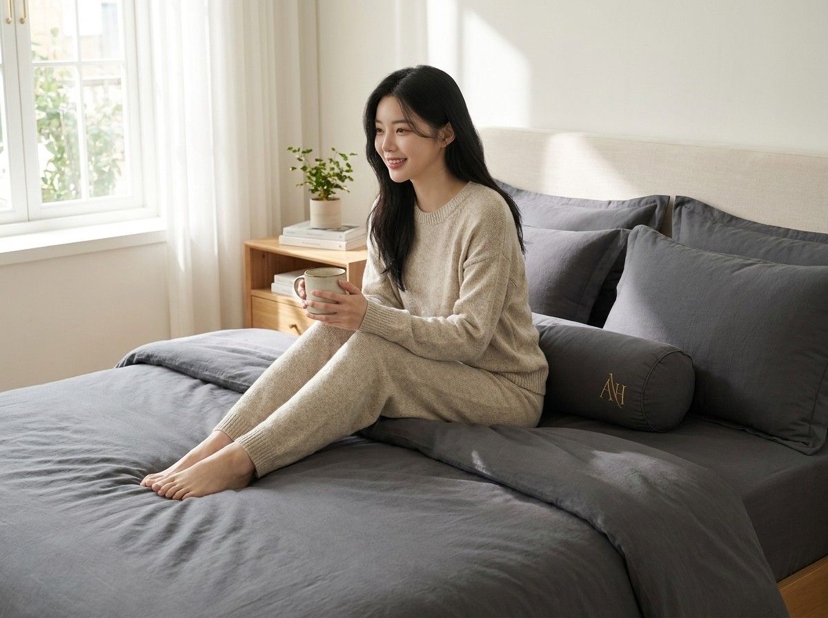 AI 생성 이미지: 차콜색 담요를 깐 침대에 앉아 머그를 든 여성