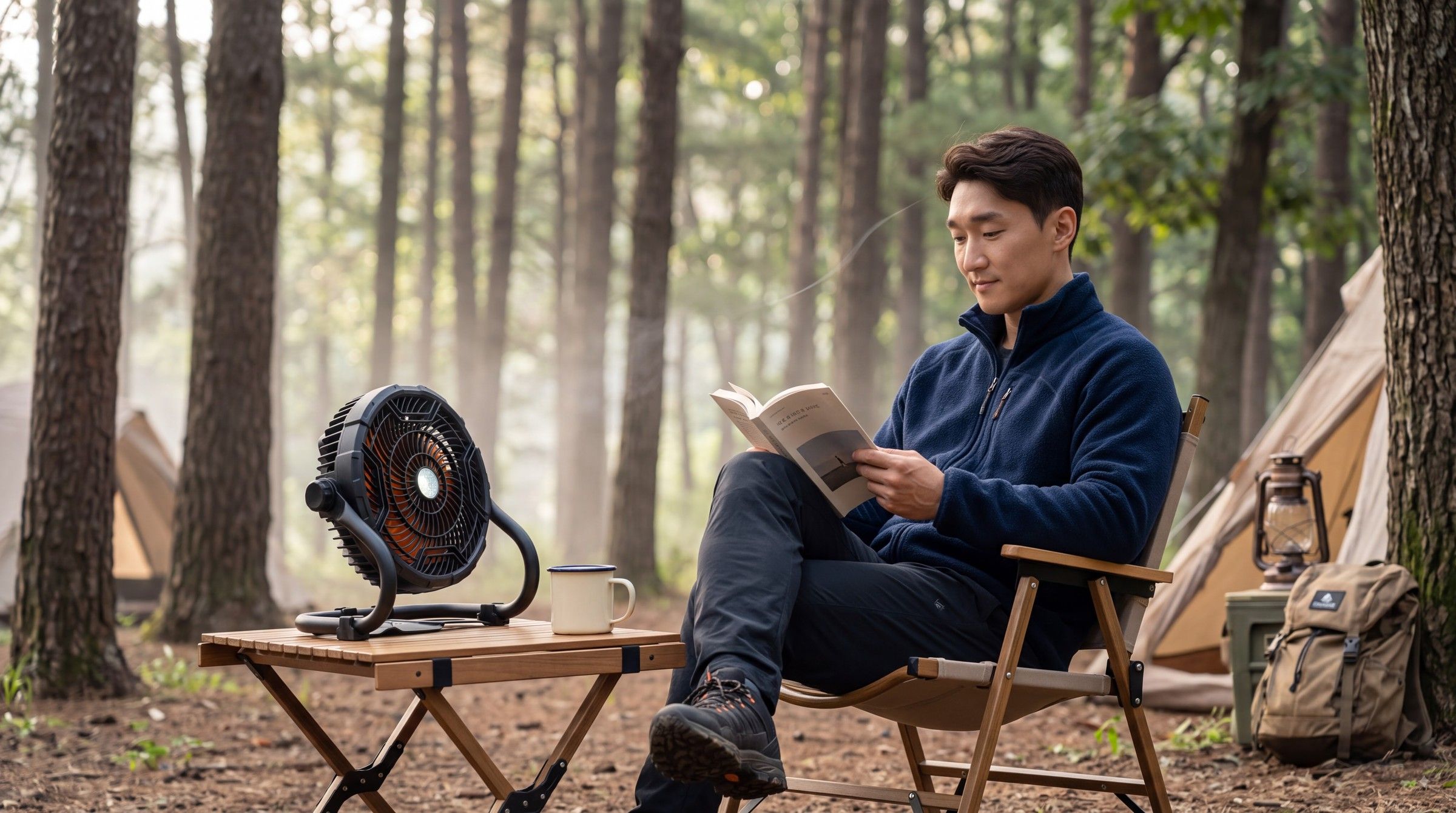 AI 생성 이미지: 숲속 의자에 앉아 책을 읽는 남성과 작은 테이블 위 캠핑 선풍기