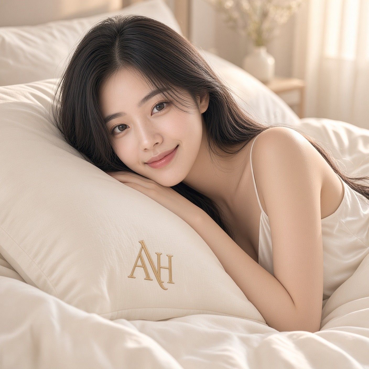 AI 생성 이미지: 아이보리 베개에 얼굴을 기대고 웃는 여성, 베개에 금색 A·H 자수