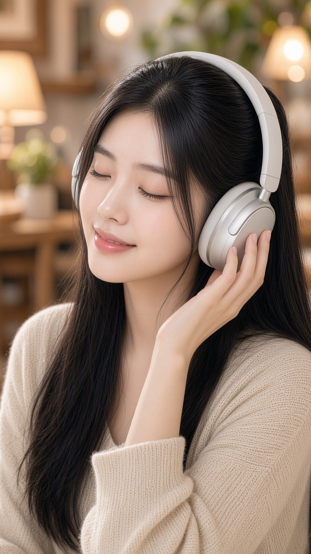 AI 생성 이미지: 눈을 감고 헤드폰을 한 손으로 감싼 긴 머리 여성