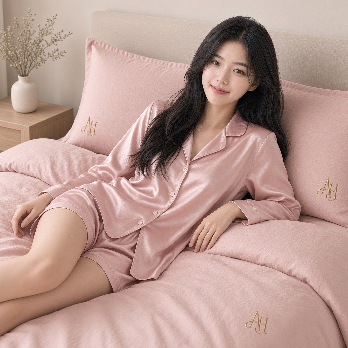 AI 생성 이미지: 로즈색 담요 위에 분홍 잠옷 차림으로 기대 누운 여성