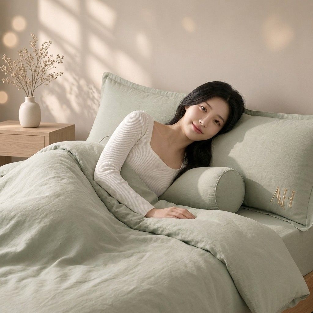 AI 생성 이미지: 세이지색 담요를 덮고 긴 베개를 안은 채 누워 웃는 여성
